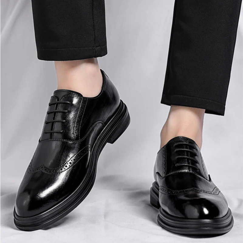 

Mens Black Genuine Height Leather Brogue Textured Lace Up Formal Business Office Groom Wedding Daily Wear Shoes Simple Fashion