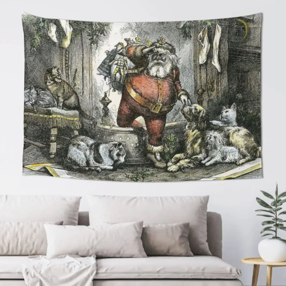 

Vintage Santa Claus art with pets Tapestry Decoration Home Carpet On The Wall Tapestry