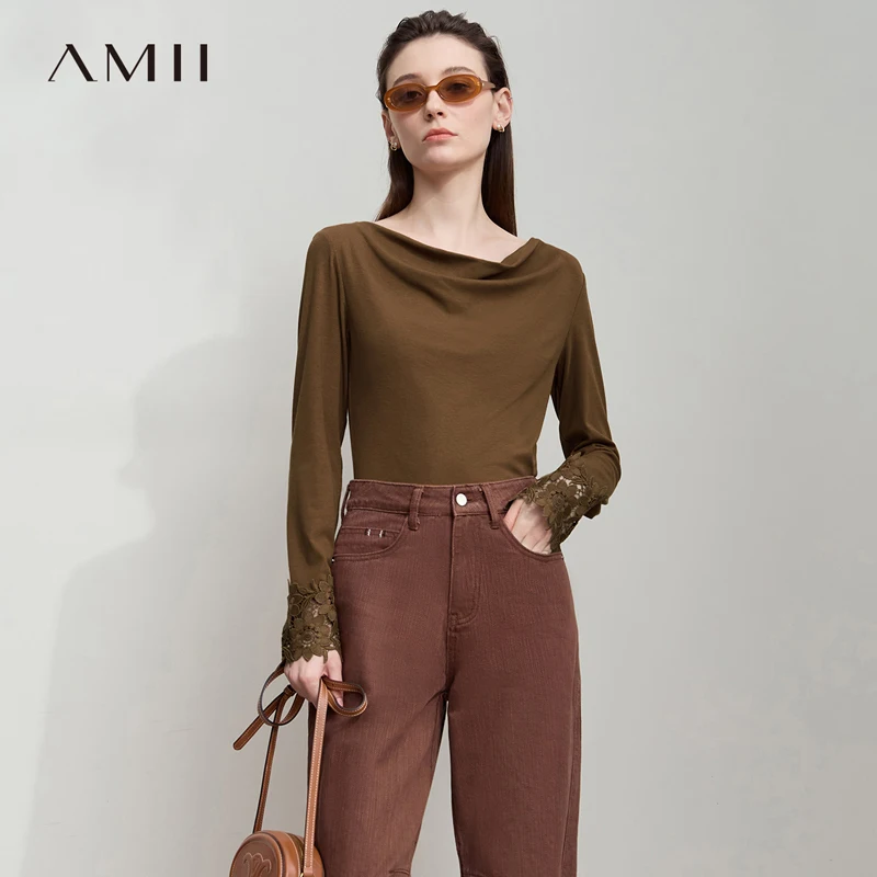 

AMII Minimalist Women's Long Sleeve T-Shirt 2025 Autumn Simple Solid Asymmetric Drape Neck Lace Cuffs Tops Casual Tees 12543076