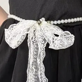 Elegant Long Bow Lace Belt Chain Women Pearl Tassel Waist Belt Decoration Knotted Chain Tie Up Dress Jeans Belt