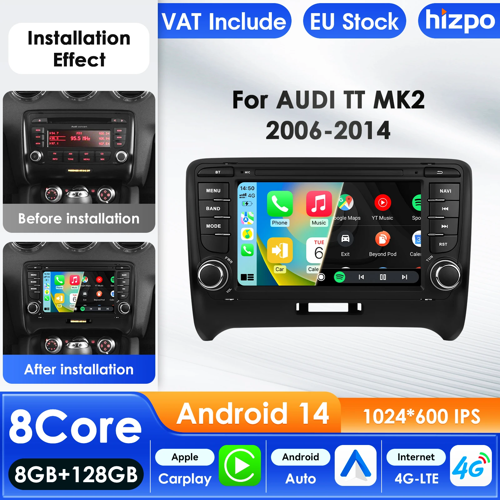 Hizpo 7 pouces Carplay 4G AI systèmes Android 14 autoradio pour AUDI TT MK2 8J 2006-2014 lecteur vidéo multimédia GPS Autoradio WIFI