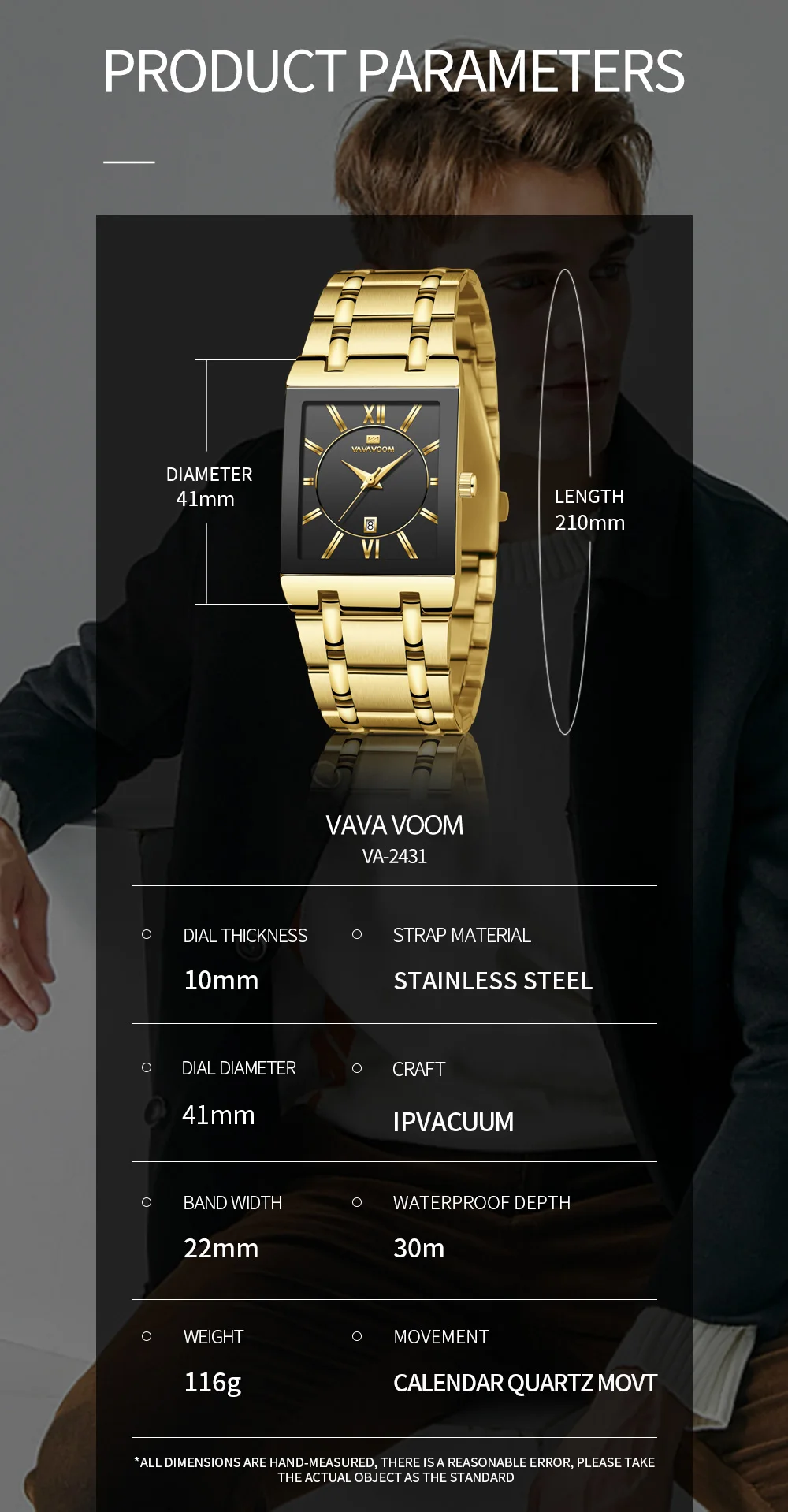 VA VA VOOM Relogio Masculino Watch Men Square Mens Watches Top Brand Luxury Golden Quartz Stainless Steel Waterproof Wrist Watch