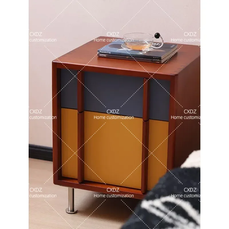 Medieval Style Solid Wood Bedside Table with Color Contrast Drawer Cabinet Cream Wind Storage Nightstand for Bedroom Decor