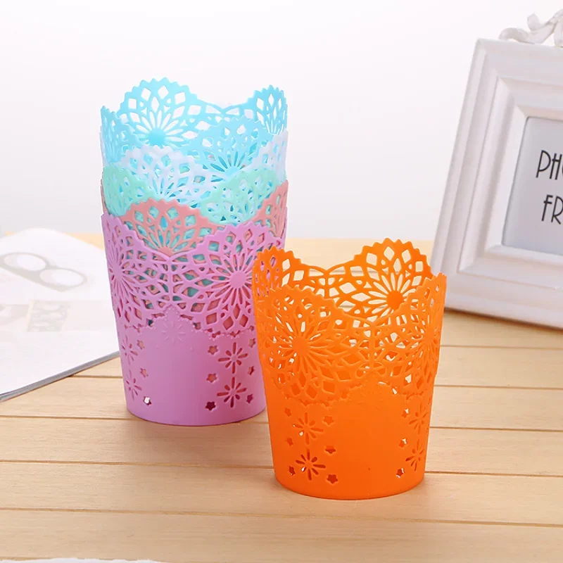 Creative Hollow Roses Pen Pencil Pot Holder Brush Storage Container Desk Organizer Plastic Stationery Pen Holder Office Supplies