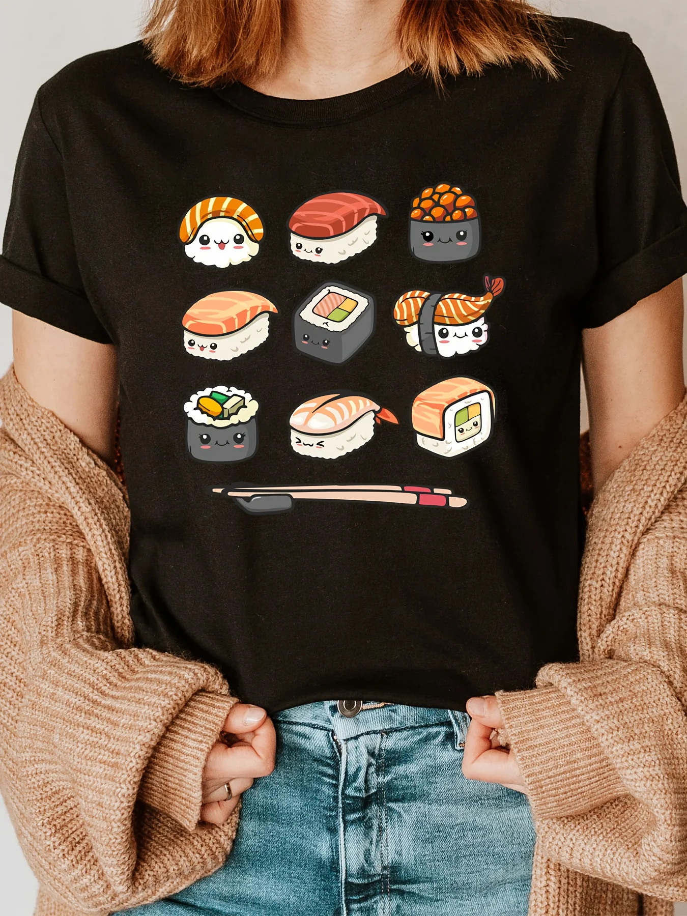 

Женская футболка с принтом аниме-суши - милый повседневный топ с короткими рукавами и круглым вырезом из мультфильмов в стиле Харадзюку, повседневный топ с короткими рукавами