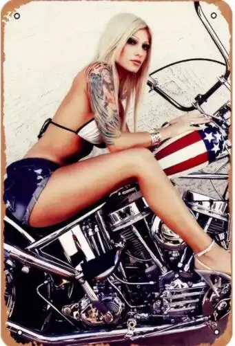 MOTORCYCLE METAL TIN SIGN SEXY BLOND PIN UP ON MOTORCYCLE WITH TATTOO AMERICA sign