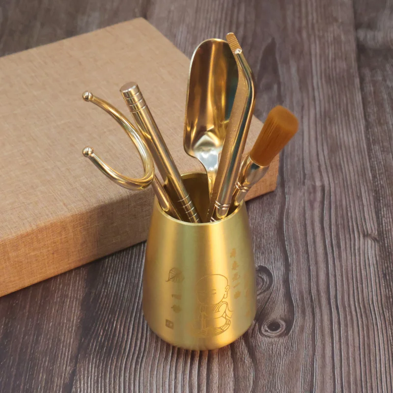 Brass Meditation Six Gentlemen Accessories Knife Spoon Canister Teapot Teacup Tea Ceremony Set