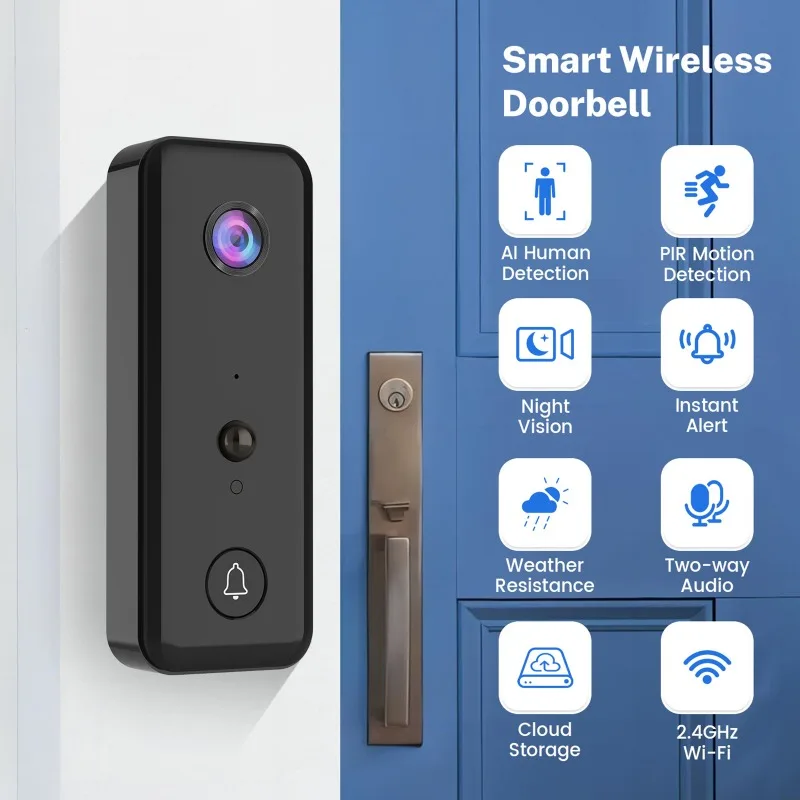 wi-fi対応スマートビデオドアベル。双方向通話機能、pirモーション検知、赤外線暗視機能、クラウドストレージ、ai認識機能を搭載。ご家庭用。