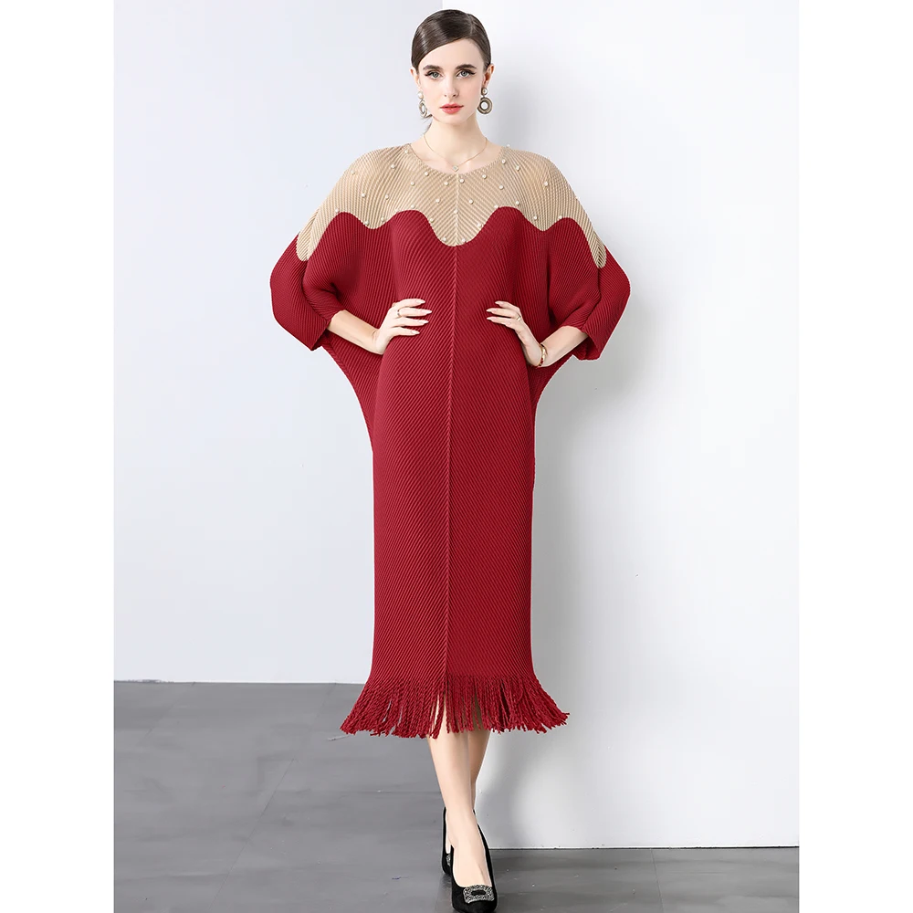 

Miyake Dress 2025 New Spring Dress Women's Stylish Long Dress Loose and High End Style Show Off Thin Tassel Skirt Trumpet Sleeve