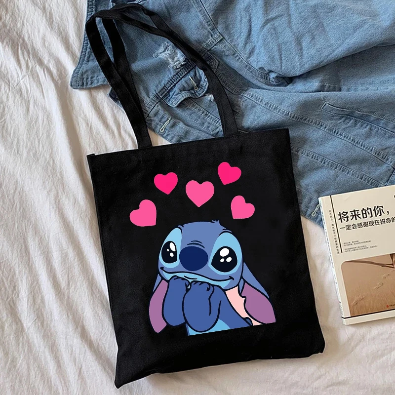 Kawaii Funny Disney Stitch Tote Bag Canvas Shoulder Bag Eco Hip Hop Lilo and Stitch Shopping Bag Women Tote Shopper Bag Female