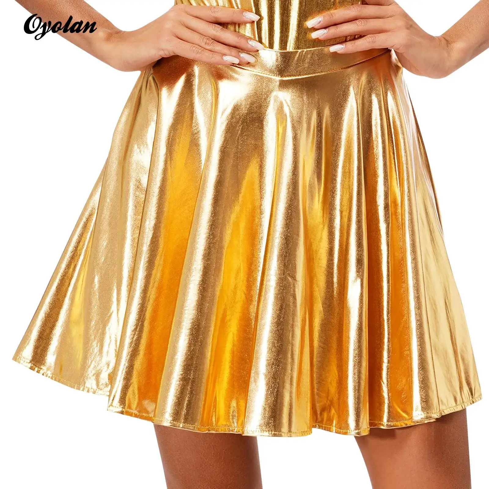 

Womens Glossy Metallic Flared Pleated A-Line Mini Skater Skirt Dance Athletic Shiny Scooter Skirt Clubwear Disco Party Costumes