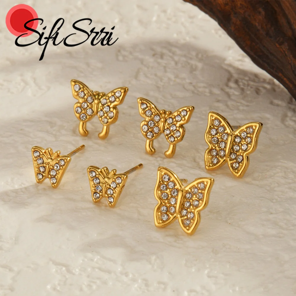 Sifisrri Simple Zircon Butterfly Stainless steel Earrings for Woman Jewelry Trend 2024 Gold Color Stud Earrings Christmas Gift