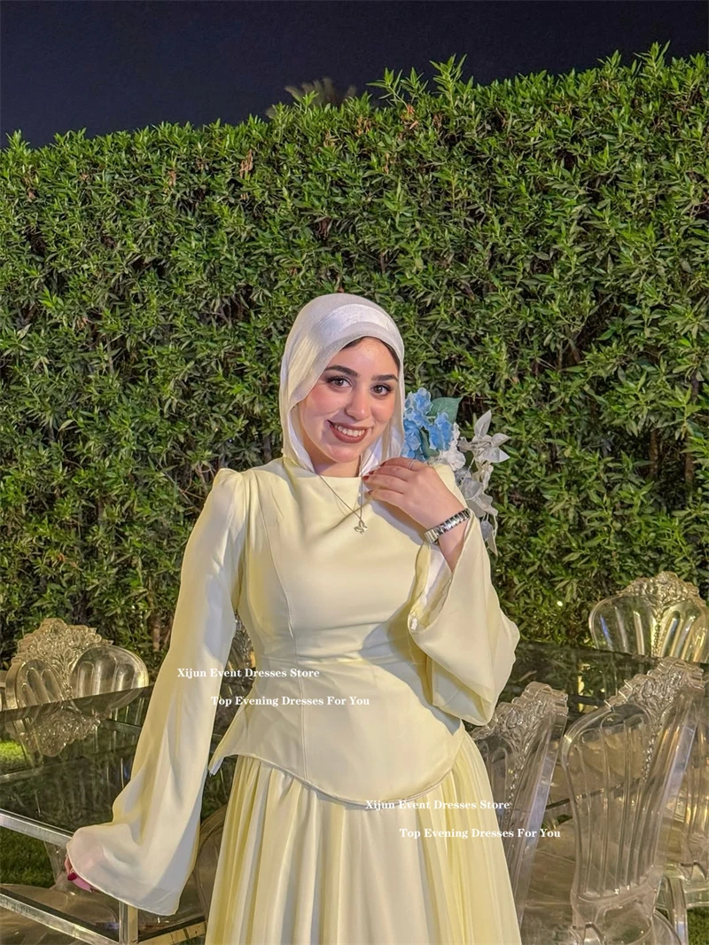 Xijun Modesto Baby Abiti da sera gialli Chiffon maniche lunghe A-Line Abiti da ballo formali Lunghezza pavimento Abito da ballo Dubai Personalizzato