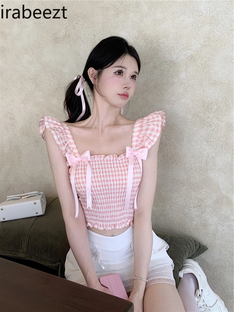 Summer Sweet Bow Girl Pink Plaid Lotus Short Sleeve Vest Stretch Slim Top Slim Fit Blusa Feminina Plaid Casual Blouse Women