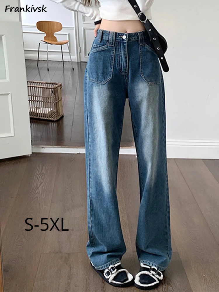 

Jeans Women Spring Korean Style Loose Button Pockets Bleached Vintage Comfortable Trendy Breathable Streetwear Simple Leisure