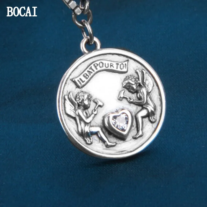 BOCAI New S925 Sterling Silver Round Beads Splicing Cherub Craftsman  Card Love Clavicle Chain Female