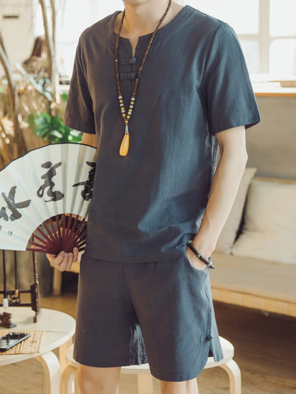 

Summer Cotton Linen ort Sve T-irt And orts Set for Middle-Aged And ly Men Father Clothes V-Ne Slim Fit Youth ...