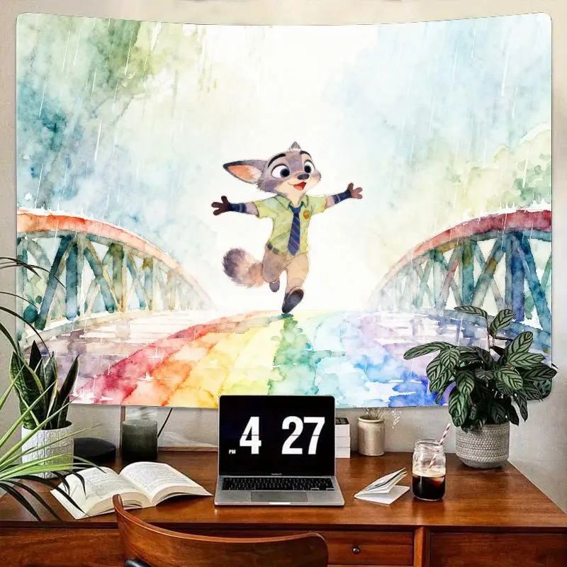 1개입 주토피아 닉 와일드 레인보우 태피스트리, 수채화 벽 예술 모던 폴리에스터 장식 거실 침실 기숙사용, 팬들을 위한 선물