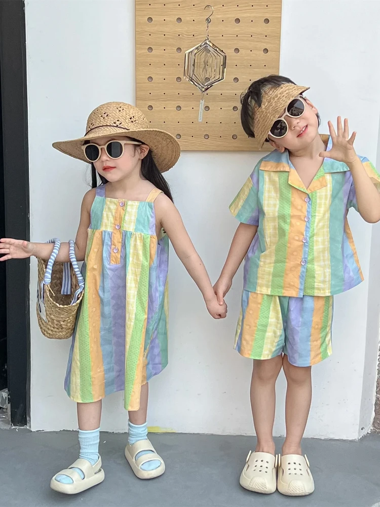 Vacation Look Two Piece Outfits Sets Girls Holiday DressesBrother and Sister Matching Twins Clothes Korean Boys Shirts + Shorts