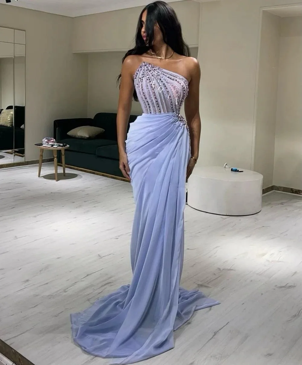 Lilac Beaded Prom Dresses Sequins Sexy Luxury Long Evening Dresses Zipper Back Saudi Arabia Wedding Party Dress Special Occasion