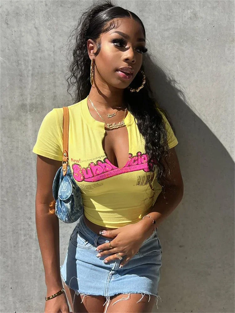 

Tee Shirt Femme Summer Yellow Letter Print V-neck Short Sleeve Crop Top for Woman Clothes Bodycon Fashion Streetwear Y2k Clothes