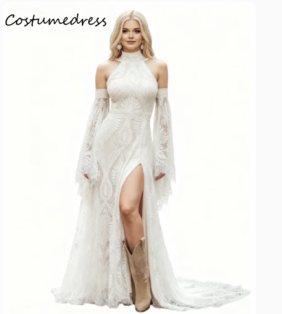 

Хиппи Богемное свадебное платье 2026 Цыганское кружевное кельтское платье в стиле бохо с высоким разрезом Сексуальное свадебное платье в стиле кантри для пляжного сада