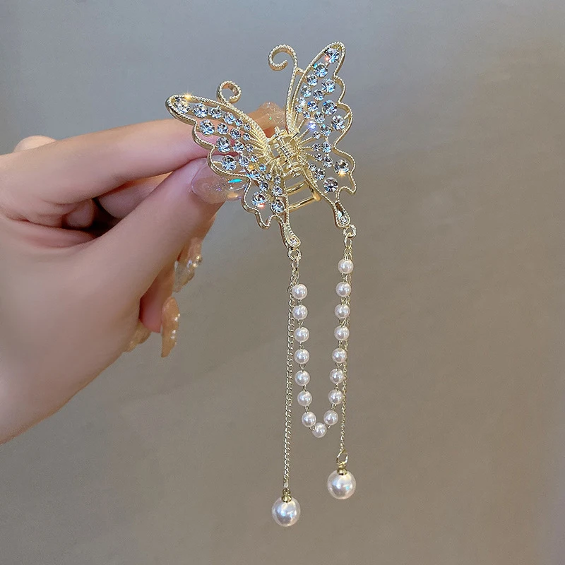 Pearl Tassel Butterfly Rhinestone Hair Claw Vintage Long Pendant Hair Clips Crab Barrette Headband Hairpin Elegant Hair Accessor