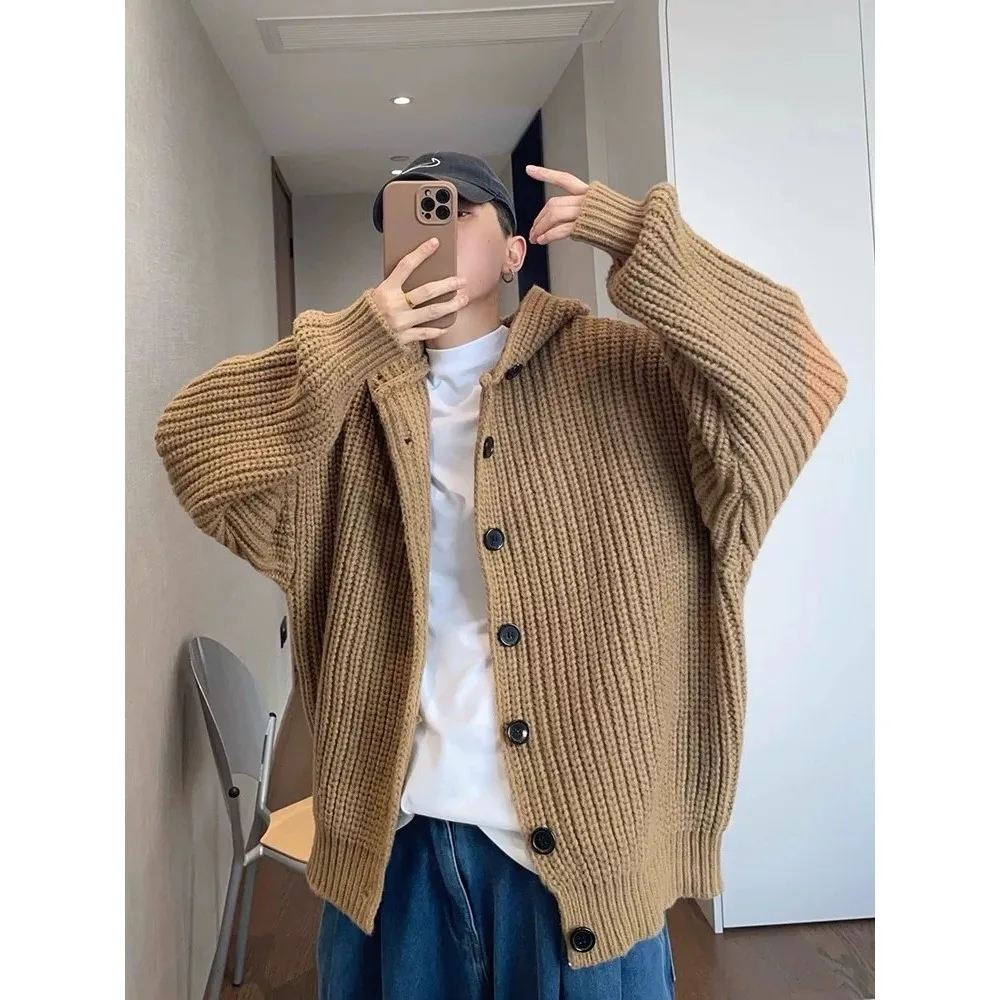 Dannyandzee Winter Vintage Lazy Heavyweight 15KG Hooded Thick Needle Button Sweater Thick Outerwear Men Casual Loose Fit Knit...