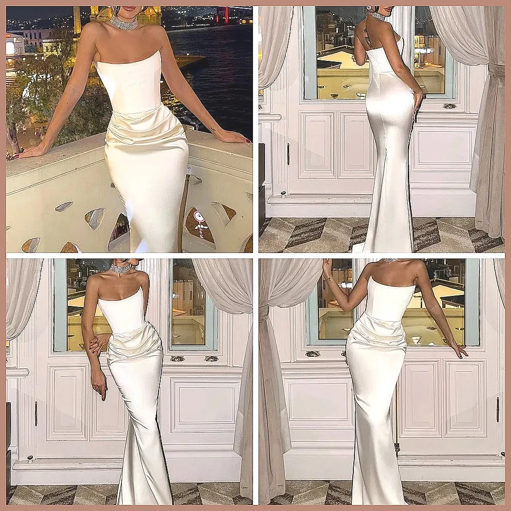 

Sexy Strapless High Waist Satin Maxi Dress for Women, Backless Evening Gown Party Dress