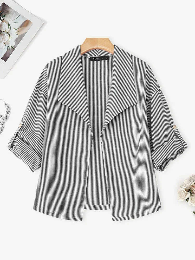 سترة عصرية مخططة من ZANZEA لخريف 2025 بأكمام طويلة بدلات أنيقة للمكتب للسيدات قميص معطف فضفاض غير رسمي ملابس الشارع