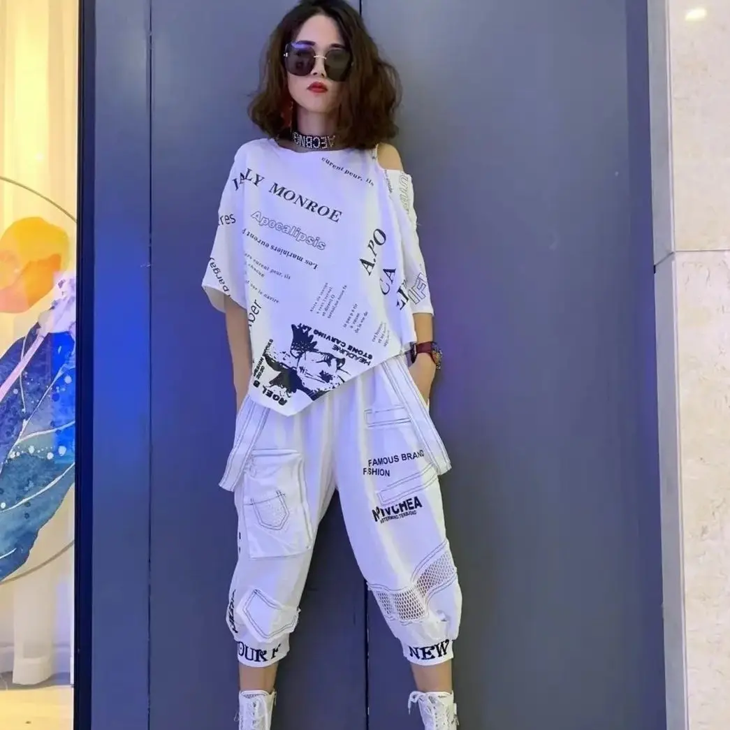 2-piece set Korean Women Summer Outdoor Sports Leisure Suit Fashion Hollowed Out Loose Female Top T-shirt Patchwork Harlan Pants