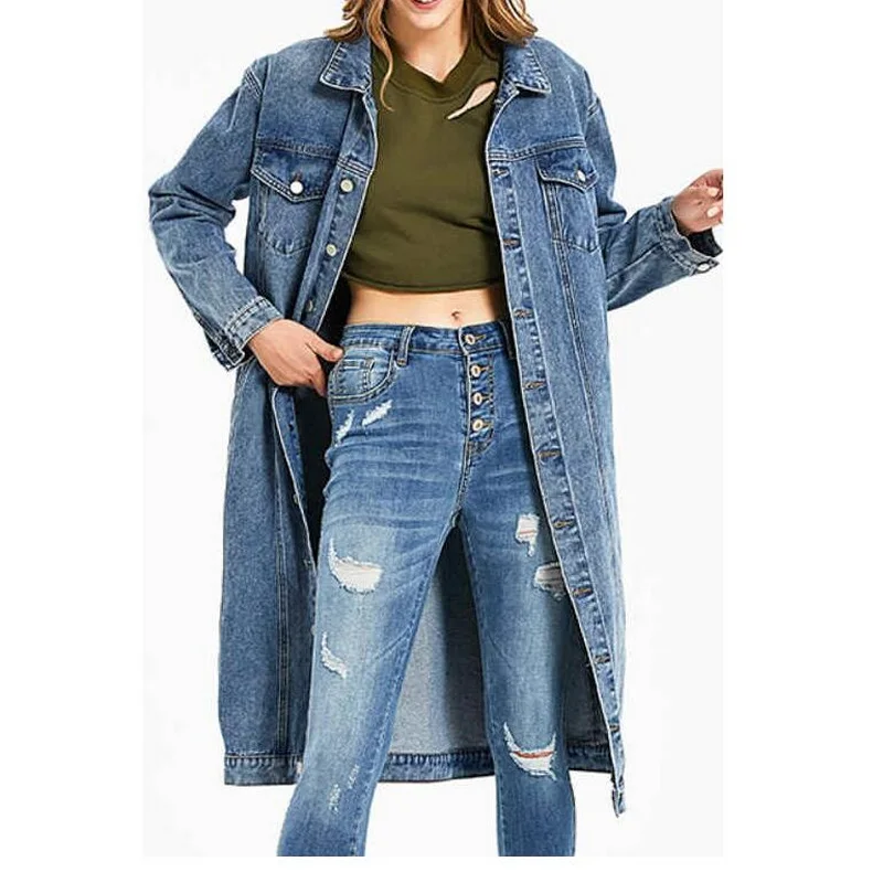 

Women's Denim Clothes with Loose Pockets, Full Sleeved, Decorated Jean Jacket, Lapel Collar, Women's Clothes