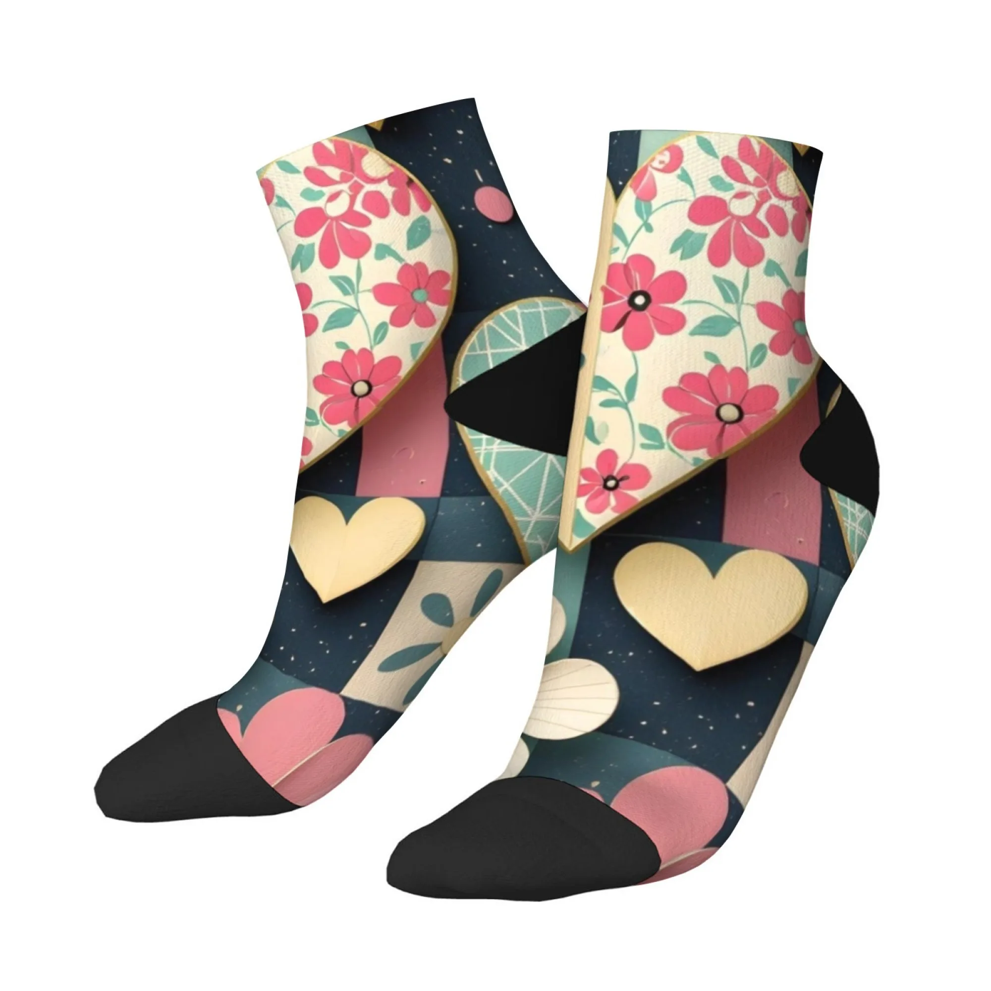 Kurze Socken im Blumenherz-Stil, Polyester-Mischung, bequeme Freizeitsocken für Damen und Herren, Unisex, weich, atmungsaktiv, leicht
