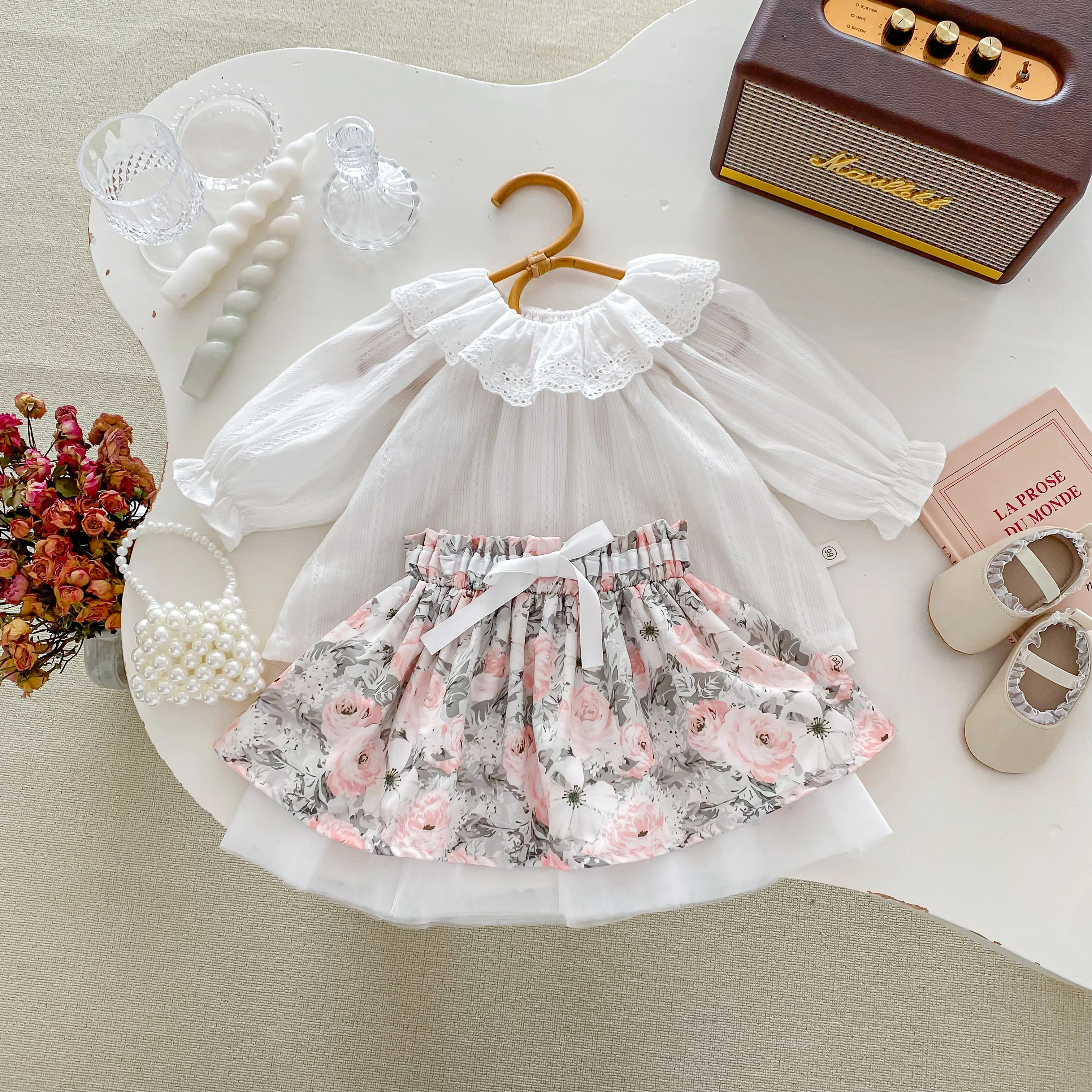 Spring Newborn Girl Suit White Lace Doll Collar Shirt + Printing Flower Skirt Baby Clothes 0-3 Years Old