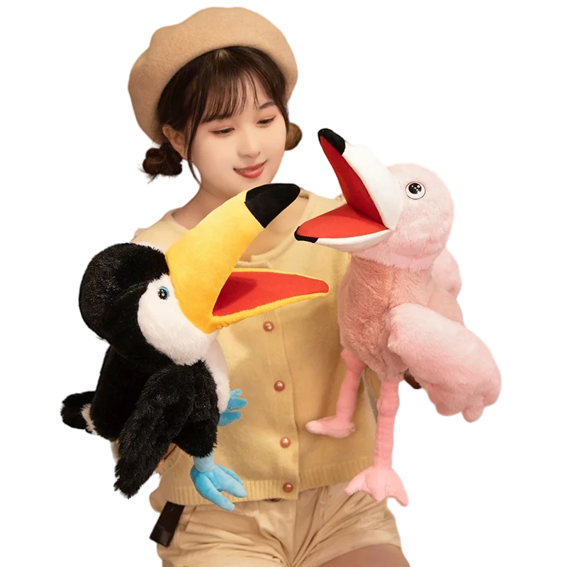 Marioneta de mano de felpa de animales de dibujos animados de 35cm, águila calva, pavo real, loro, Toucan, flamenco, búho, juguete interactivo, regalo de peluche