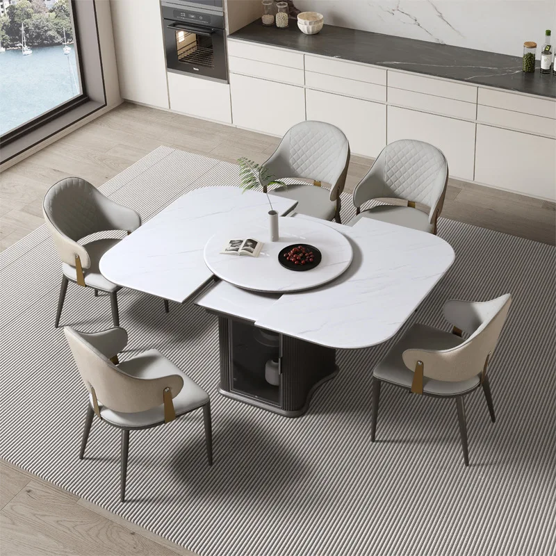 

Guangdong Foshan microcrystalline stone dining table and chair 2024 new retractable high-end square rock slab with turntable din