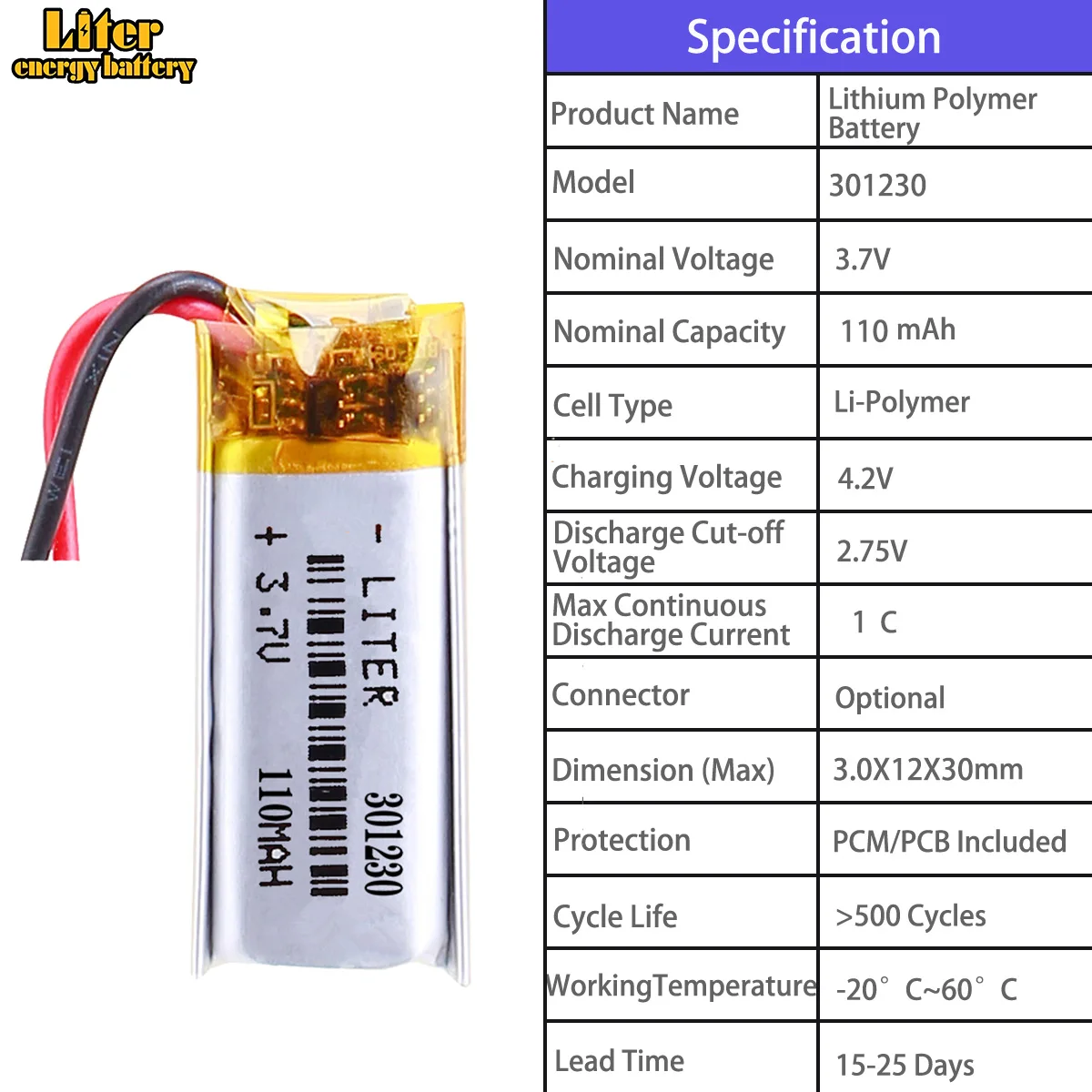 301220 70mah 301230 110mah 301430 120mah 301645 240mah 301730 160mah3.7V polymer lithium battery