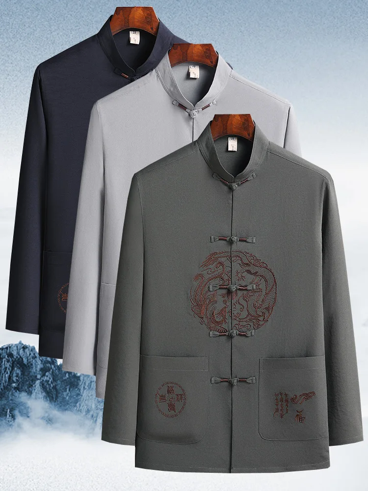 

Мужская рубашка свободного кроя с длинным рукавом из хлопка и льна, тонкая, для весны, лета, осени, в стиле танчжуан, повседневная домашняя одежда для дедушки