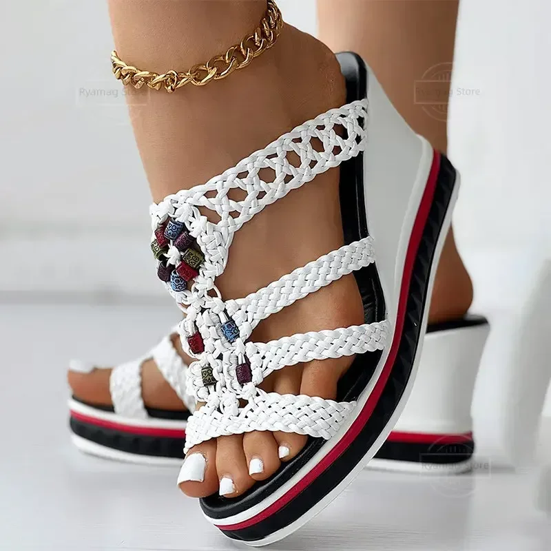 Sandals Flip Flops Women Colorful Beaded Braided Wedge Shoes Beads Slippers Platform Summer Shoes Wedges Ladies