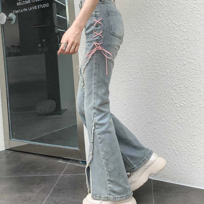 American Split Jeans Women Pink Bandage High Waist Irregular Spliced Denim Pants Zipper Fly Trousers Y2k Pantalon Femme