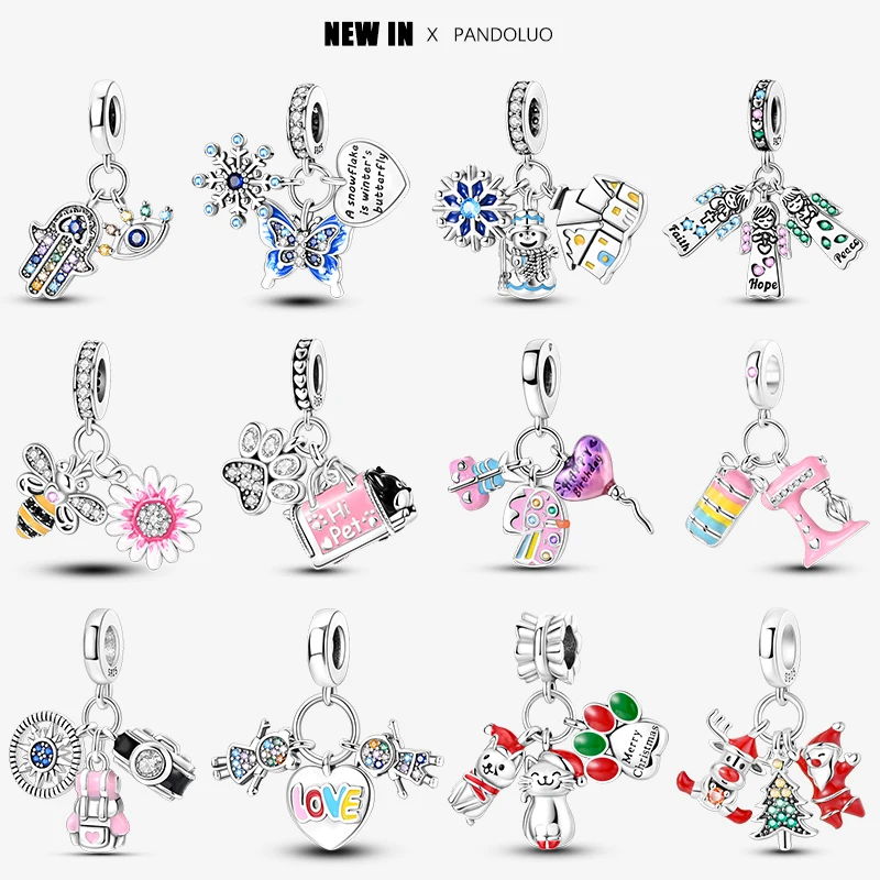 2024 Original New in Three Piece Set Charm Beads Fits Pandora Charms Bracelet For Women 925 Silver Pendant Bead DIY Jewelry Gift