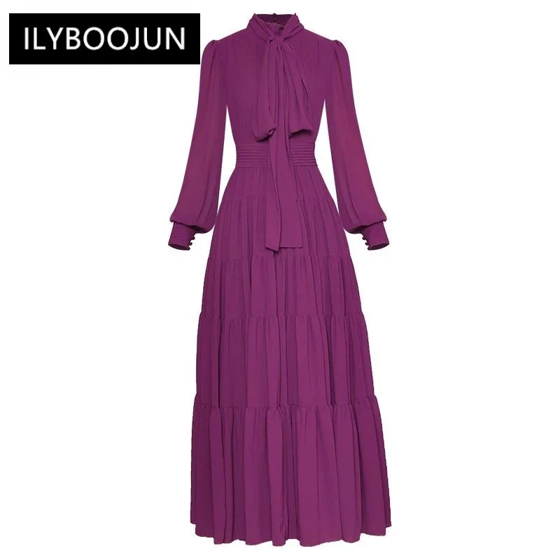 

Runway Spring Women's Dress Bow Collar Long Lantern Sleeve Purple Elegant Pleated Party Dresses For Women 2023 Luxury Brand