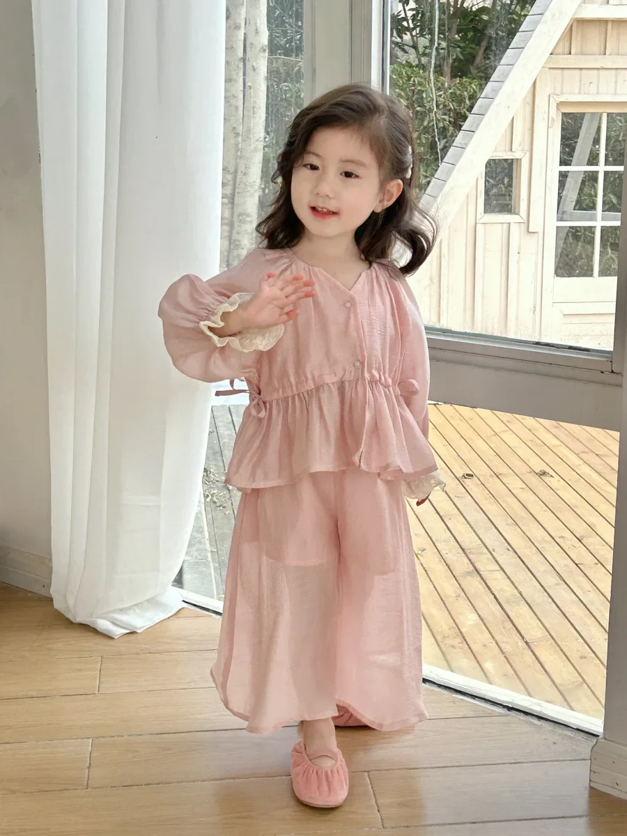 Childrens Sets Girls Summer New Lace Shirt Two Piece Set Sunscreen Wide Leg Pants Advanced Sense Causal Fashion 2024