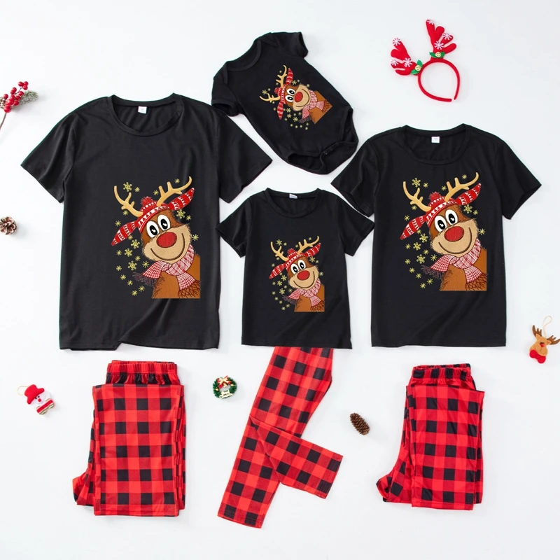 Christmas Family Pajamas Set Santa Tree Cartoon Print Pattern Short Sleeve Top Long Pants 2 Pieces Adults Kids Party Christmas