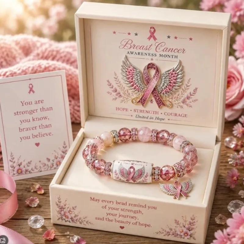 Breast Cancer Awareness Luxury Charm Bracelet for Women Pink Ribbon Handmade Beaded Encouragement Jewelry Gift with Message Card