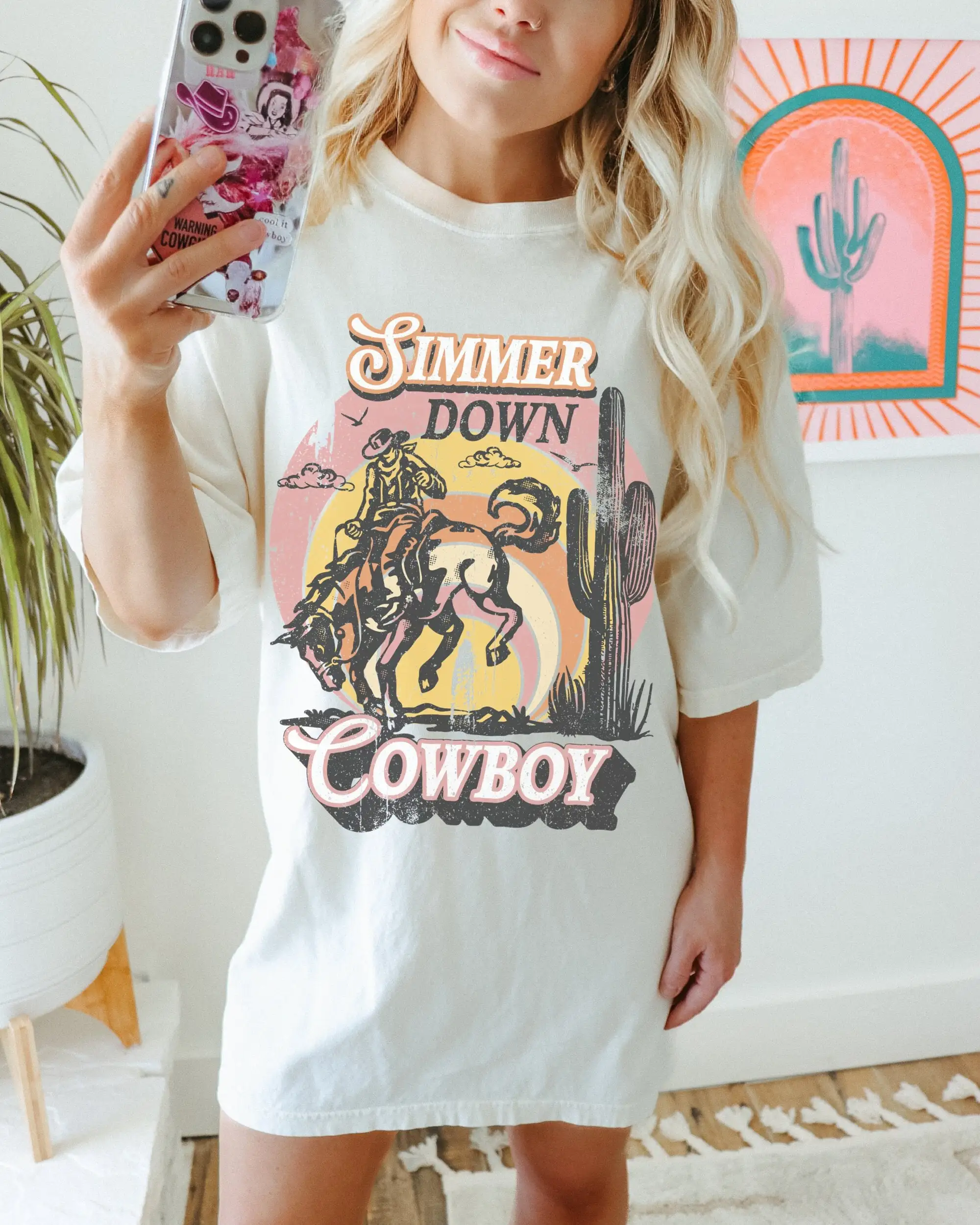 Simmer Down Cowboy T Shirt Western Fashion Cute Concert Outfit Boho Cowgirl Oversized Country Rodeo