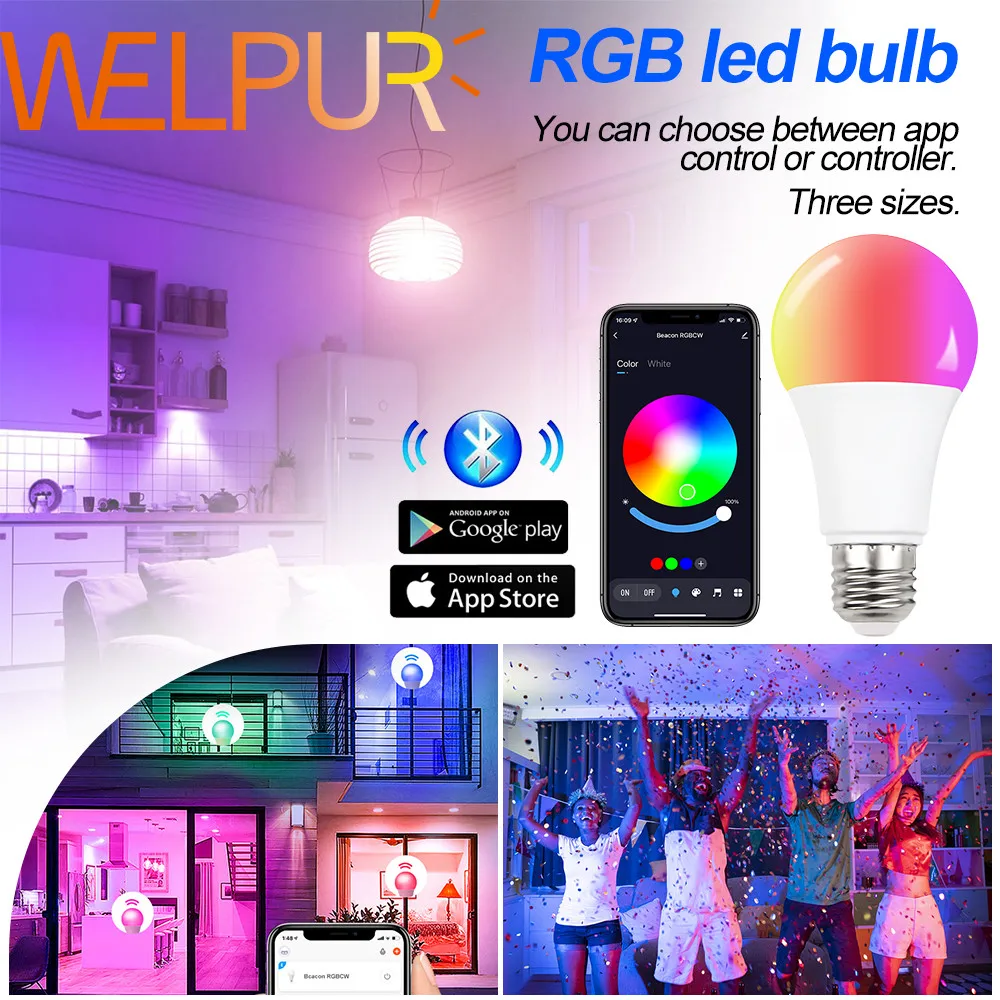 

E27 Smart Control Bluetooth Lamp Led RGBW Light Dimmable 12W Colorful Changing Bulb Lampada White Decor Home AC85-265V