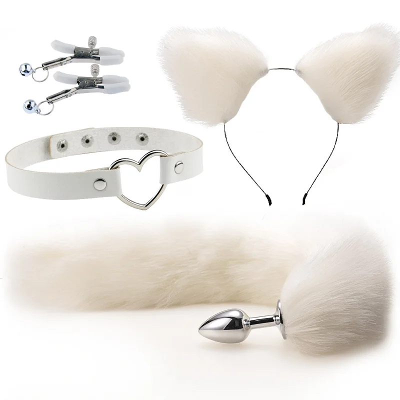 Anal Sex Toys Fox Tail Butt Plug Sexy Plush Cat Ear Headband with  Leather Necklace Set Massage Sex Toys Women Couples Cosplay