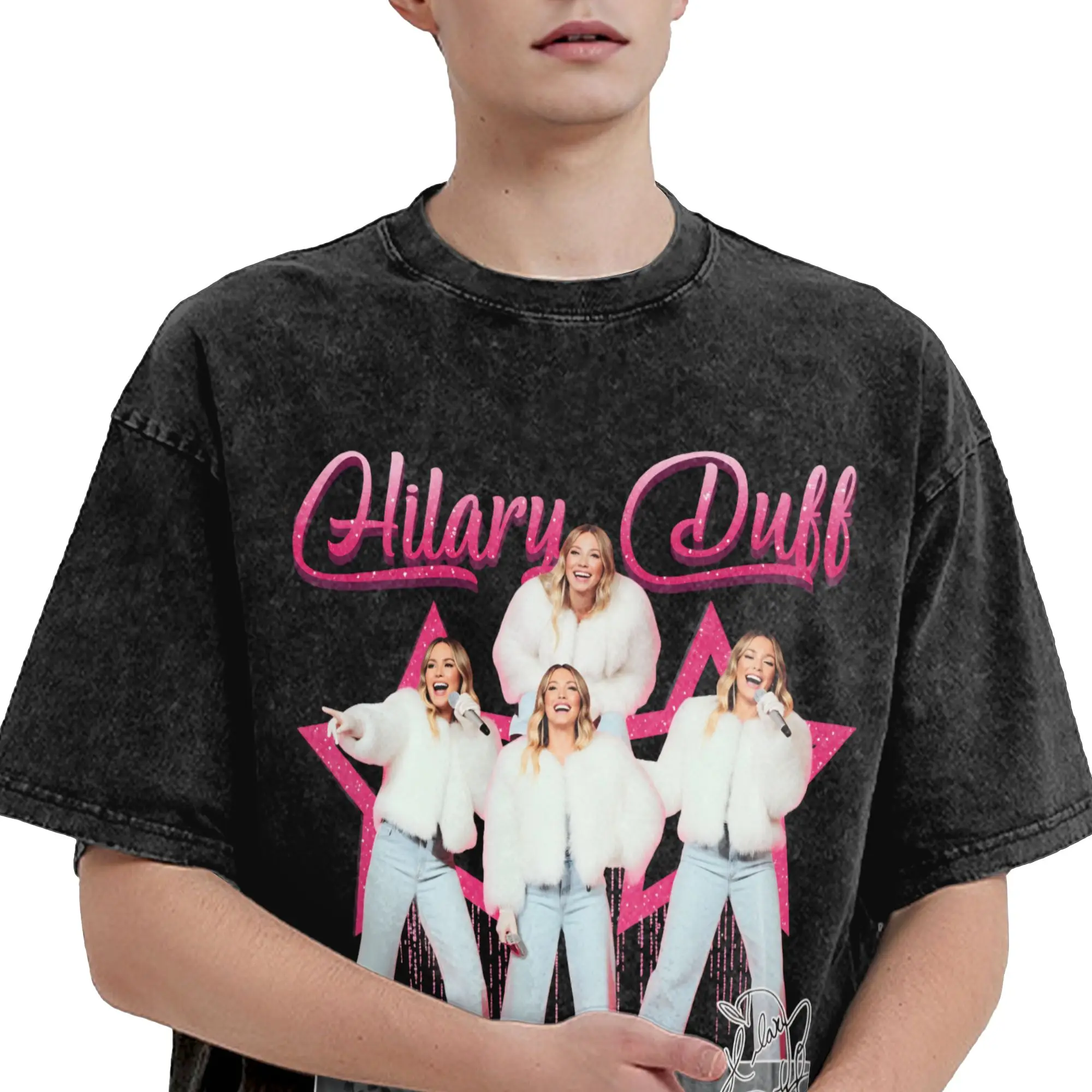 Hilary Duff The Lucky Me Tour 2026 Washed T Shirt Streetwear Hip Hop Novelty T-Shirts  Tees Tops for Men Women Short Sleeve
