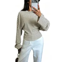 Women’s Loose Tunic Tops Basic Long Sleeve Round Neck Stripes Print T-Shirts Spring Autumn Blouses Y2K Vintage Streetwear - Image 6
